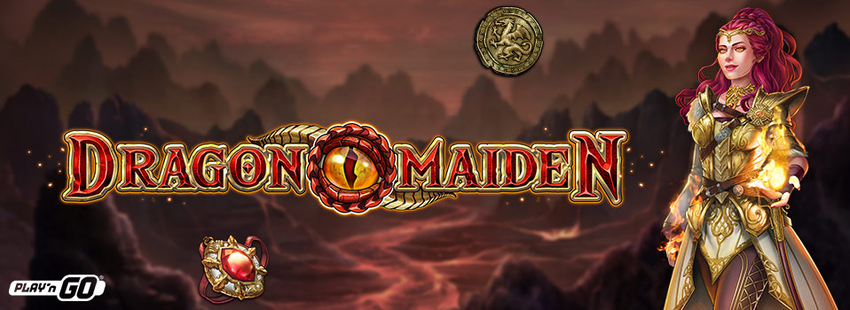 Dragon Maiden Logo mit rotem Juwel und einer mystischen Frau sowie Bergen im Hintergrund